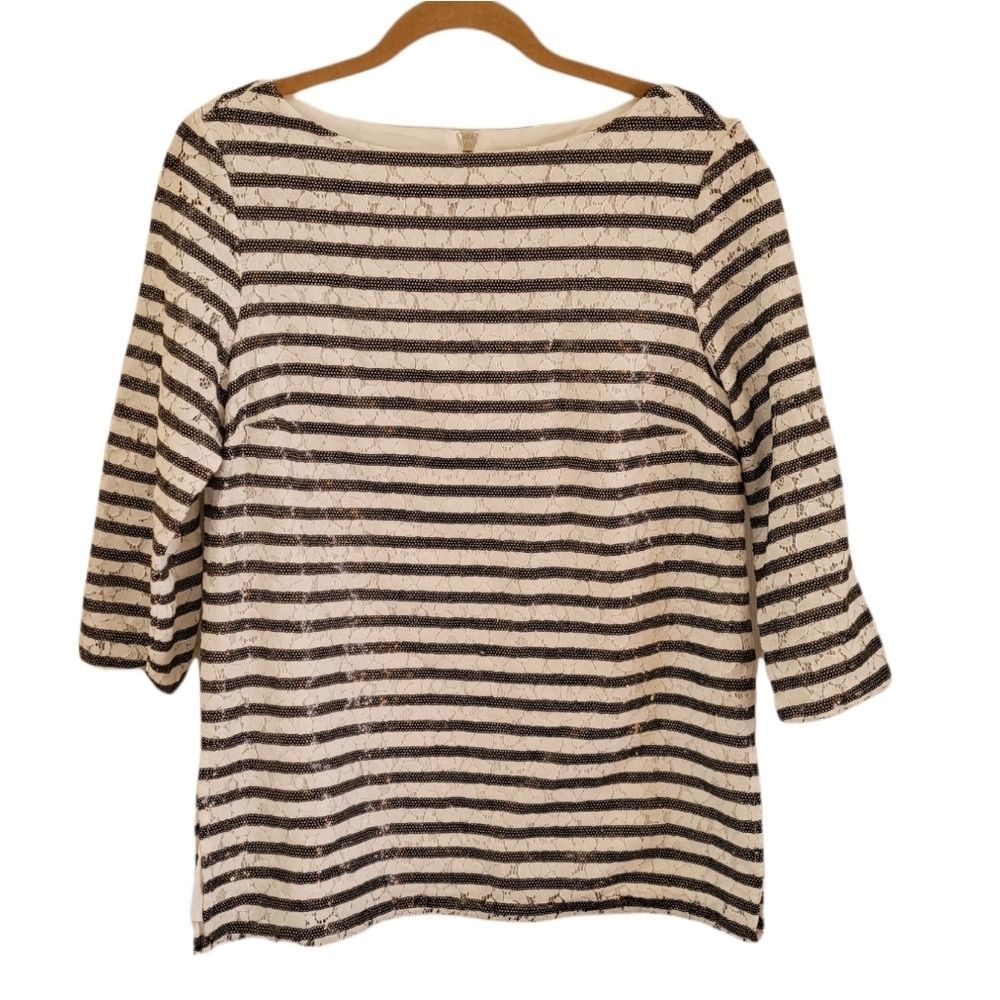 Michael Kors Black White Striped Sequin Blouse Top Sz. 6